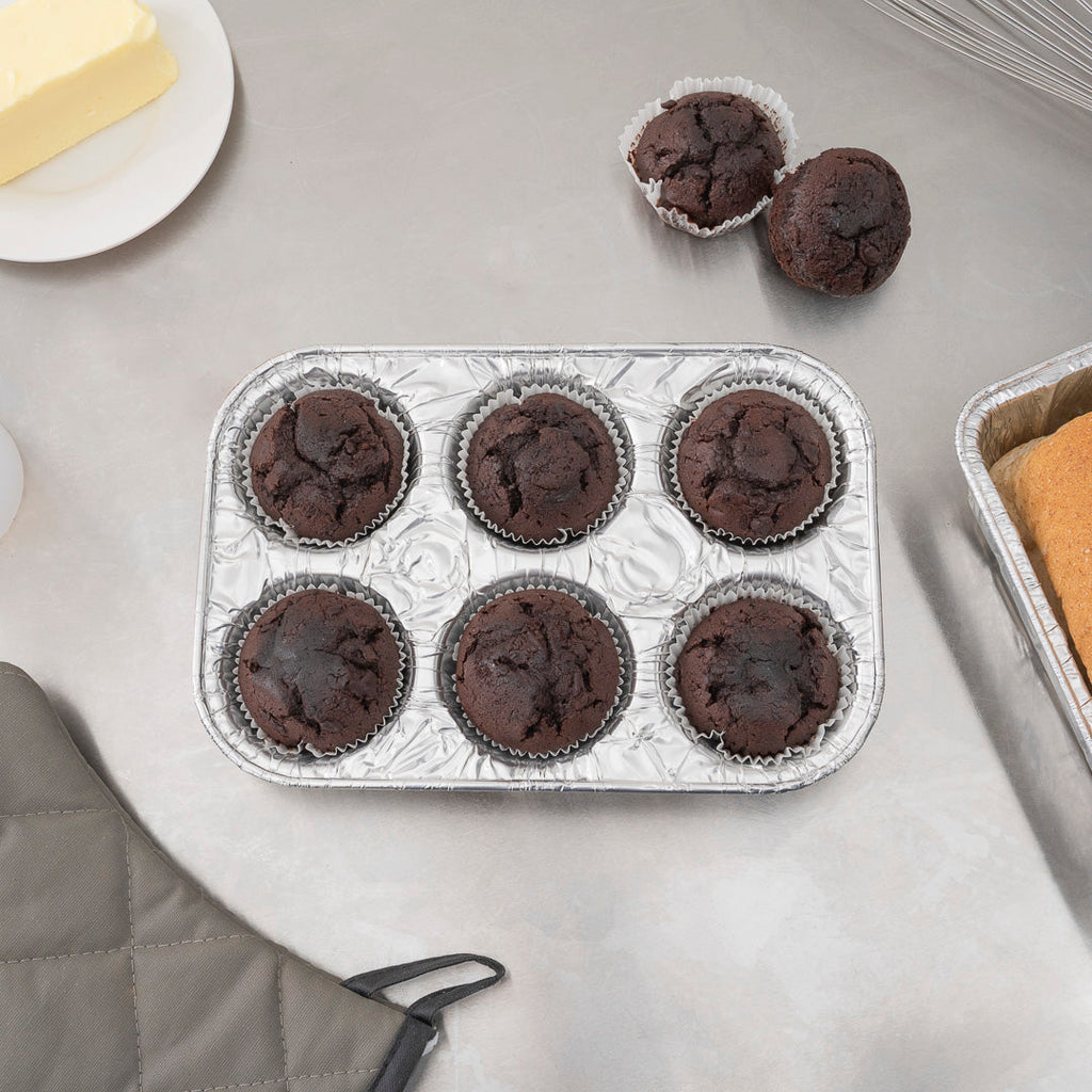 Pastry Tek Silver Aluminum Cupcake / Muffin Pan - 6-Compartment - 9 1/2" x 6 1/2" x 1 1/2" - 25 count box
