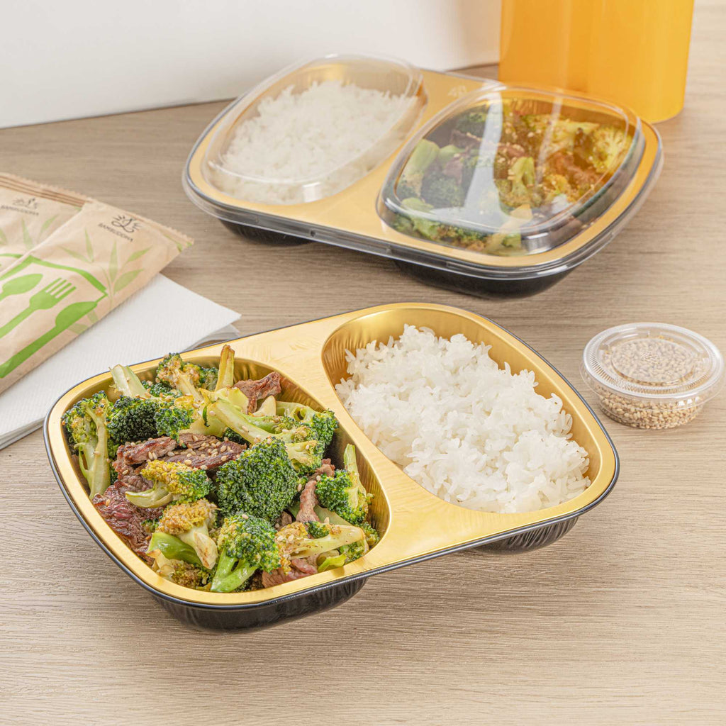 Foil Lux 28 oz Rectangle Black and Gold Aluminum Container - 2-Compartment - 9" x 7" x 1 1/2" - 100 count box