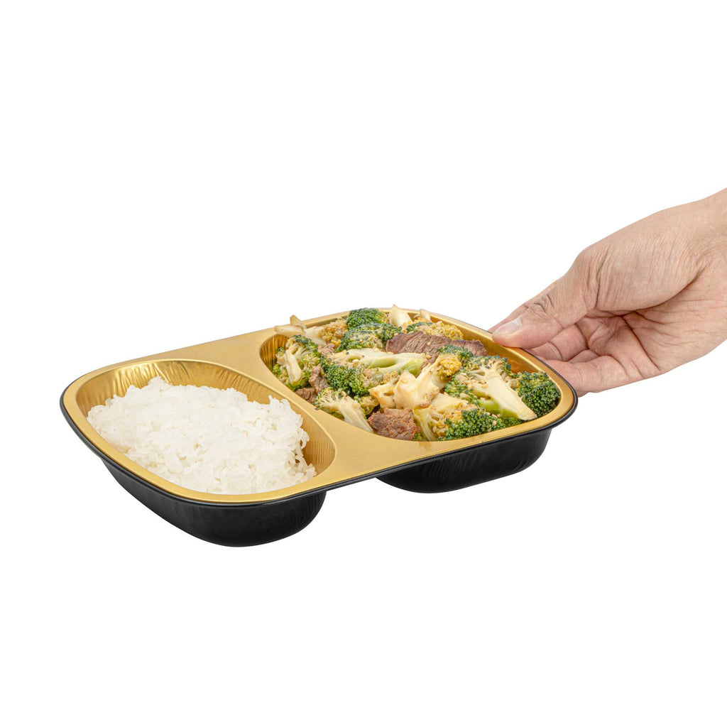 Foil Lux 28 oz Rectangle Black and Gold Aluminum Container - 2-Compartment - 9" x 7" x 1 1/2" - 100 count box