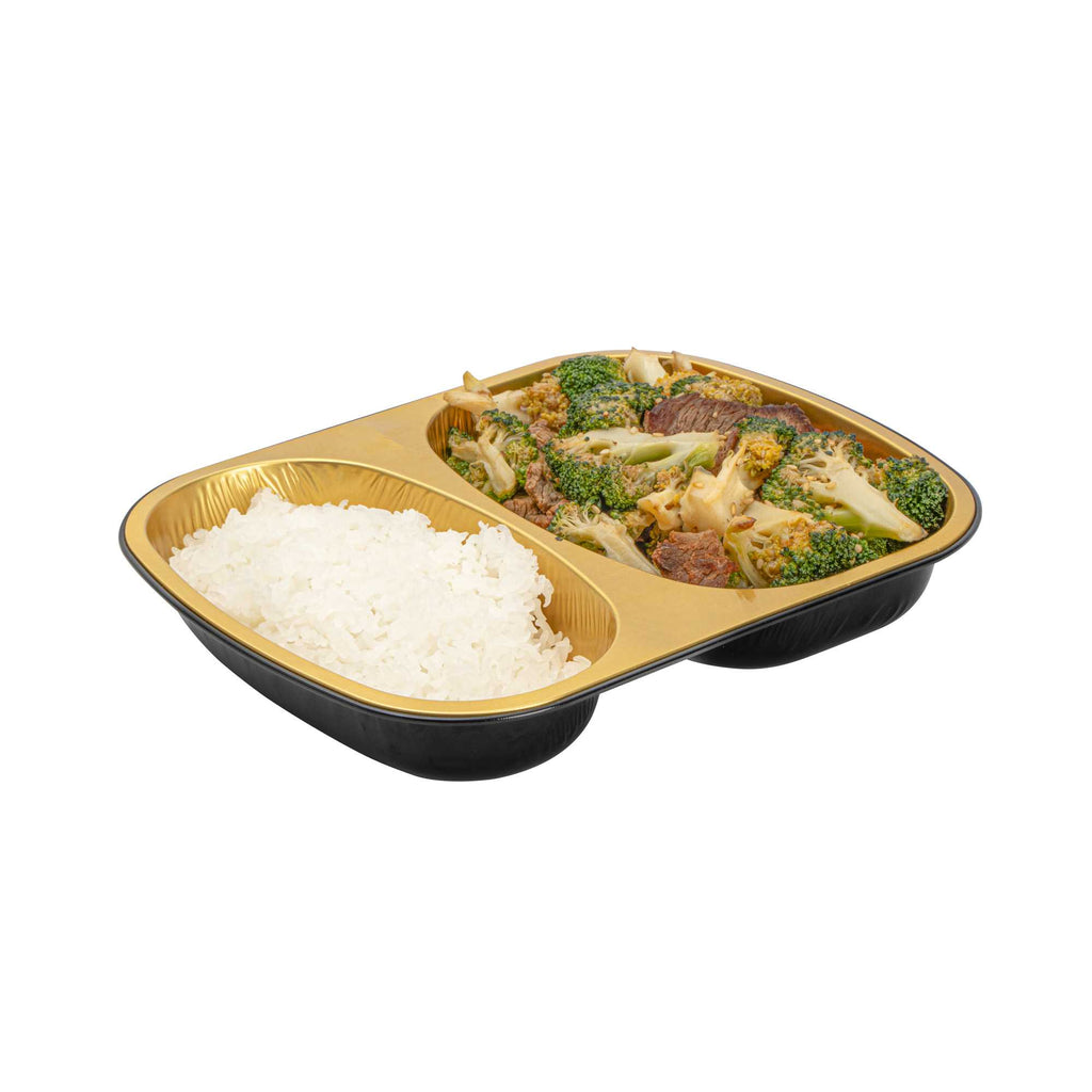 Foil Lux 28 oz Rectangle Black and Gold Aluminum Container - 2-Compartment - 9" x 7" x 1 1/2" - 100 count box