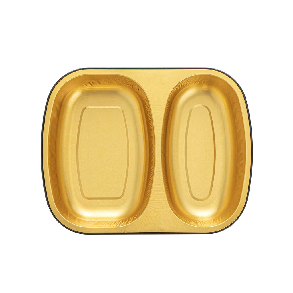 Foil Lux 28 oz Rectangle Black and Gold Aluminum Container - 2-Compartment - 9" x 7" x 1 1/2" - 100 count box