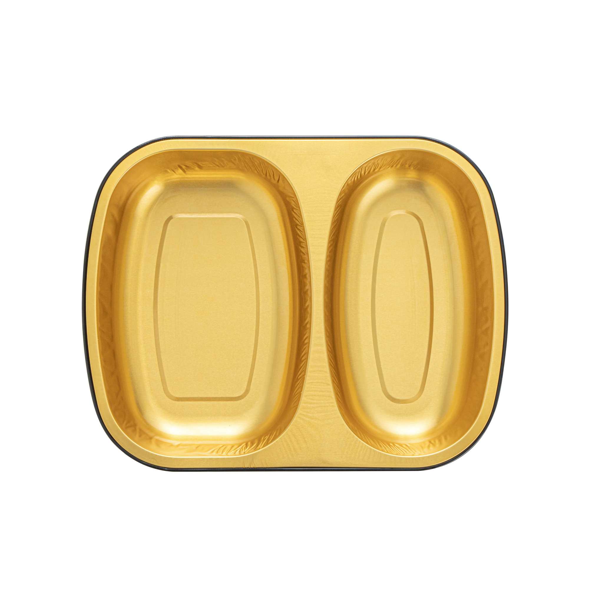 Foil Lux 28 oz Rectangle Black and Gold Aluminum Container - 2-Compartment - 9" x 7" x 1 1/2" - 100 count box