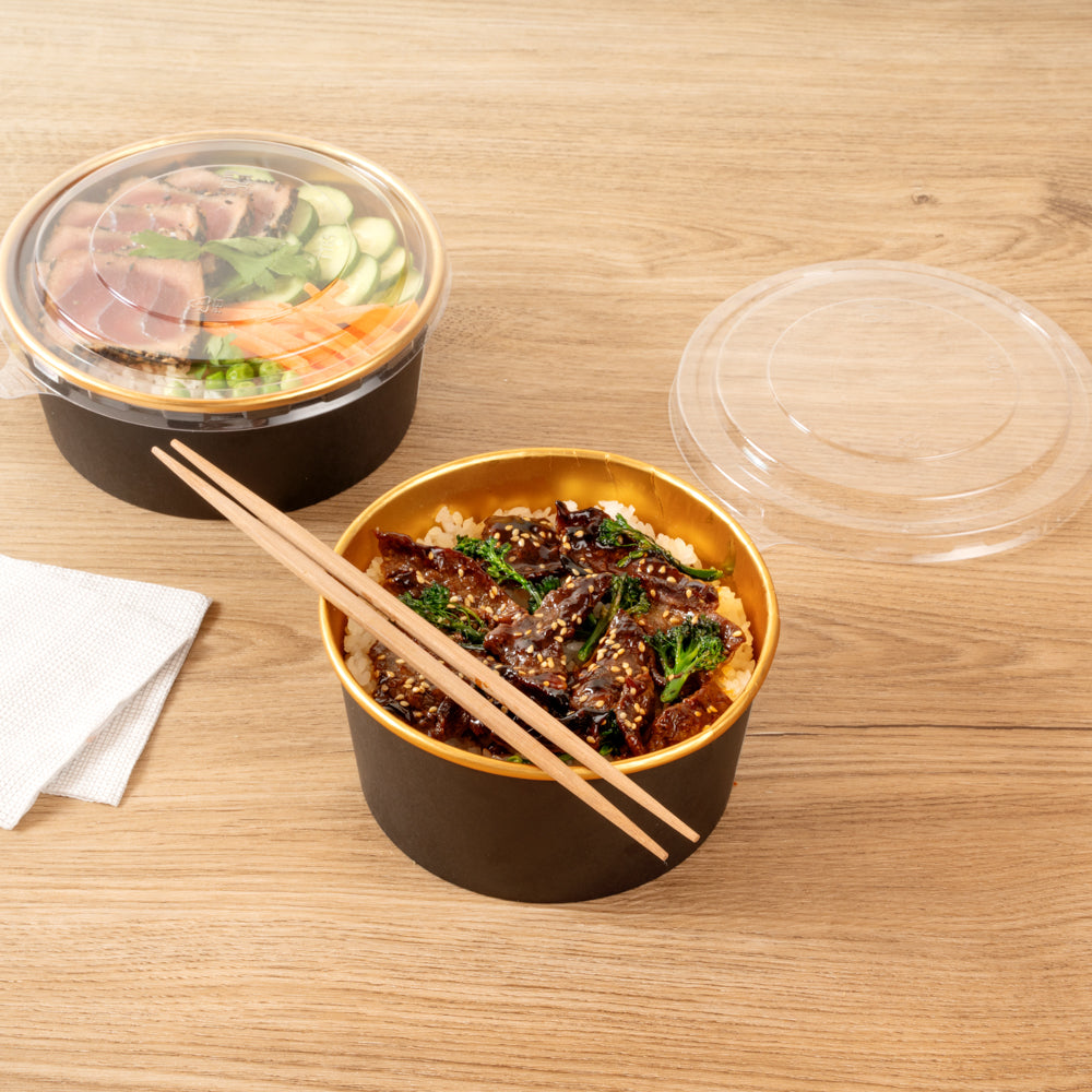 Foil Lux 33 oz Black And Gold Paper Take Out Container - with Foil Interior - 6" x 6" x 3" - 200 count box