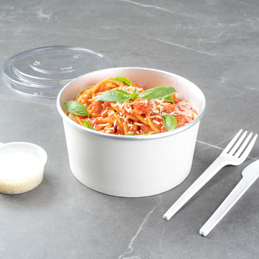 Foil Lux 33 oz White Paper Take Out Container - with Foil Interior - 6" x 6" x 3" - 50 count box