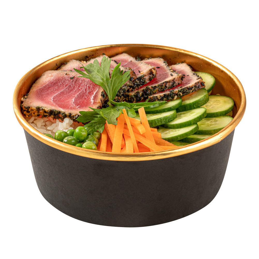 Foil Lux 37 oz Black And Gold Paper Take Out Container - with Foil Interior - 6 1/2" x 6 1/2" x 2 1/2" - 50 count box