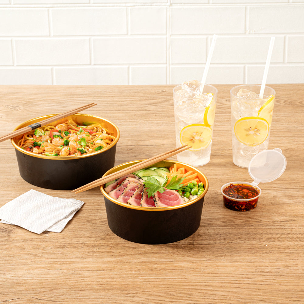 Foil Lux 37 oz Black And Gold Paper Take Out Container - with Foil Interior - 6 1/2" x 6 1/2" x 2 1/2" - 200 count box