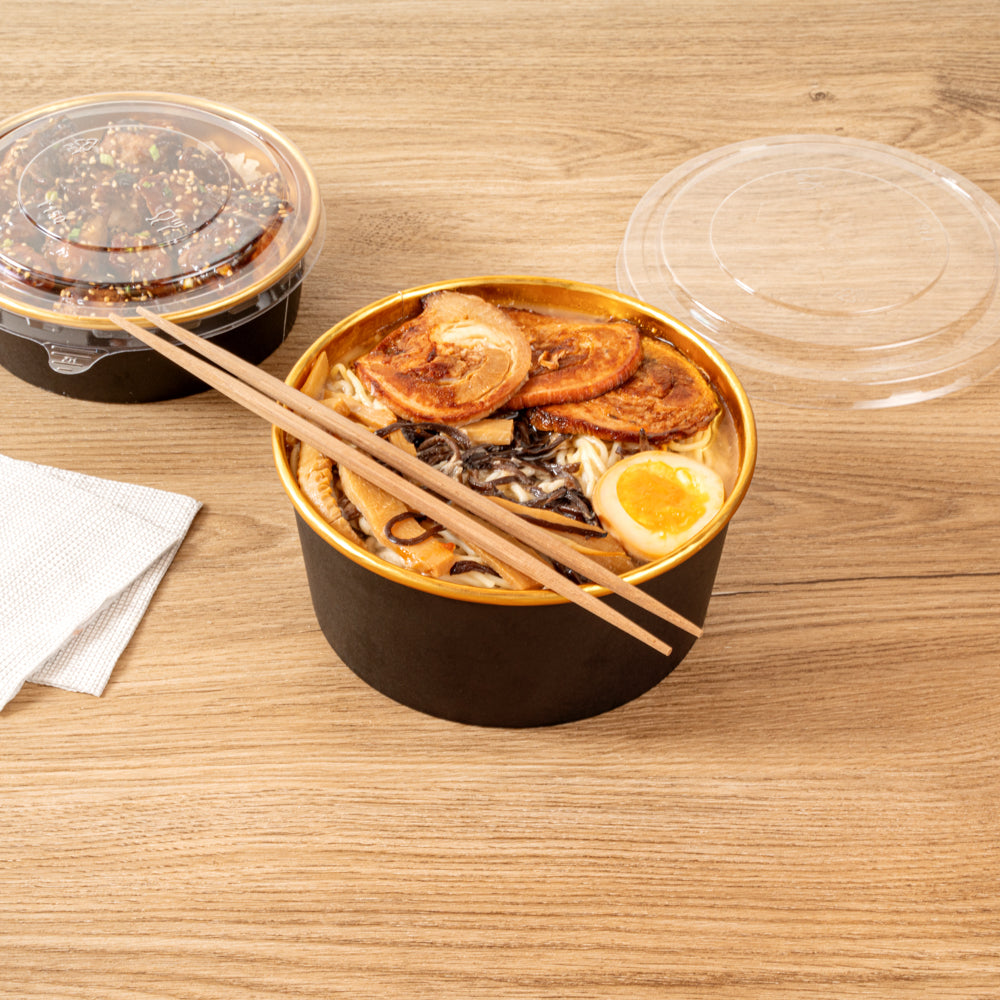 Foil Lux 42 oz Black And Gold Paper Take Out Container - with Foil Interior - 6 1/2" x 6 1/2" x 3" - 200 count box