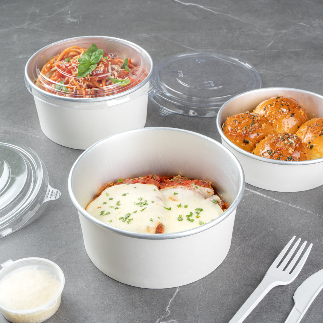 Foil Lux 42 oz White Paper Take Out Container - with Foil Interior - 6 1/2" x 6 1/2" x 3" - 200 count box
