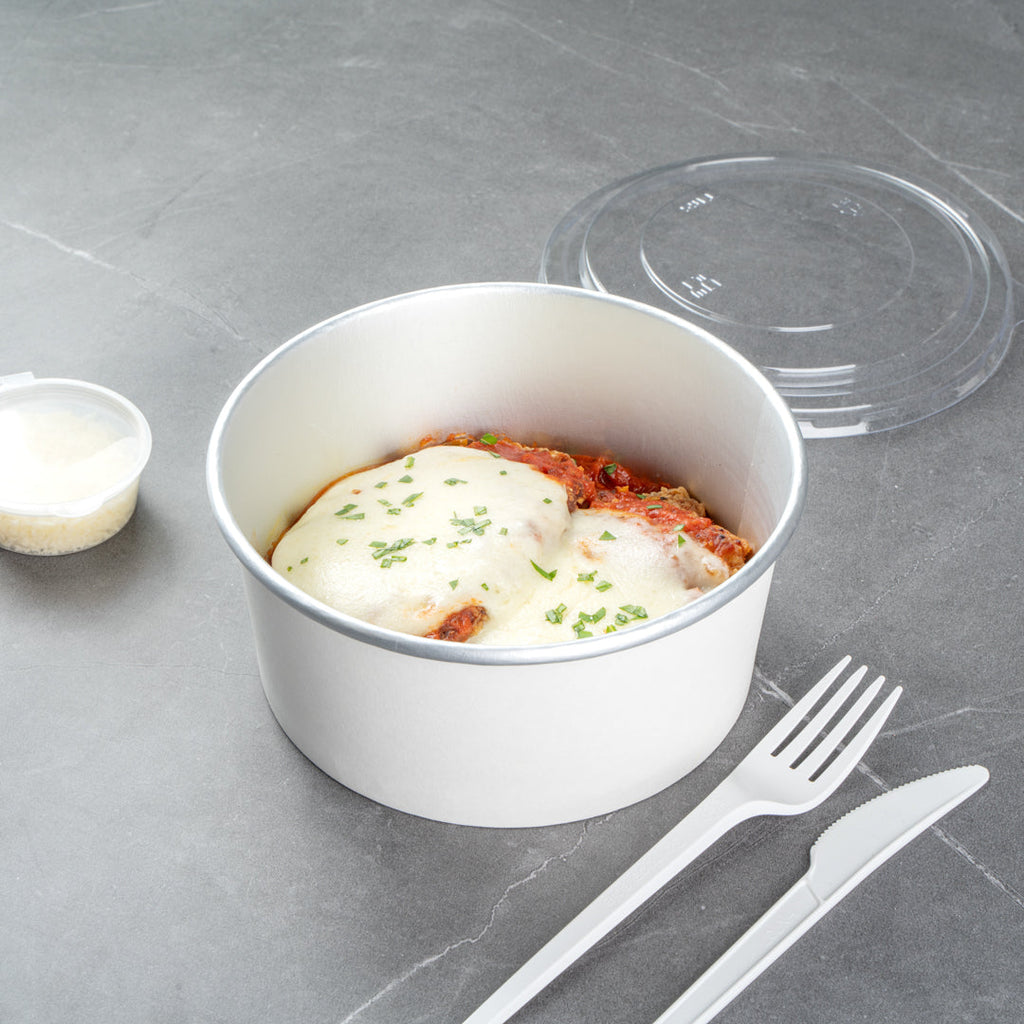 Foil Lux 42 oz White Paper Take Out Container - with Foil Interior - 6 1/2" x 6 1/2" x 3" - 50 count box