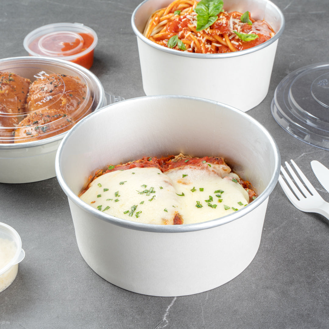 Foil Lux 42 oz White Paper Take Out Container - with Foil Interior - 6 1/2" x 6 1/2" x 3" - 50 count box