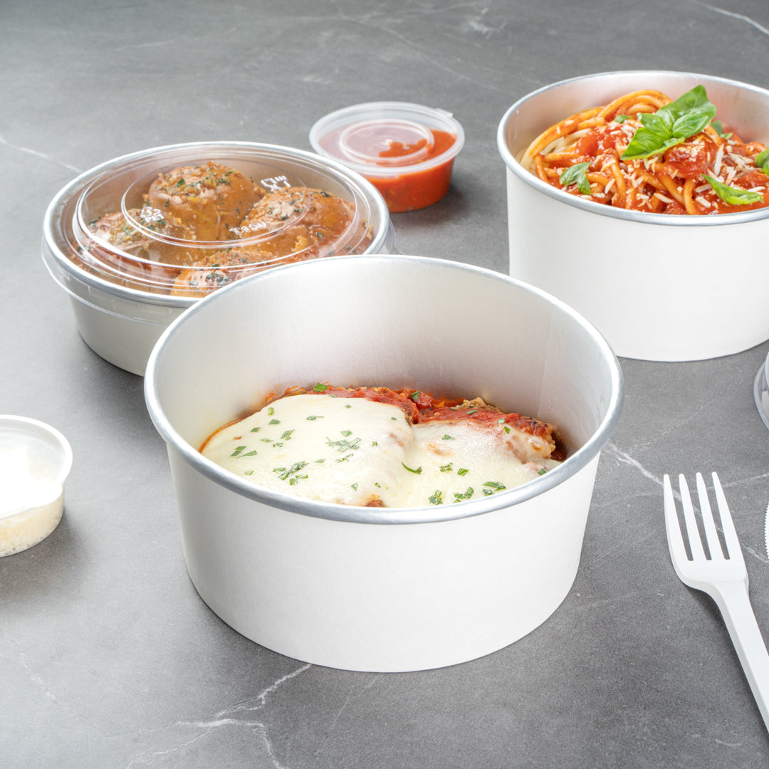 Foil Lux 42 oz White Paper Take Out Container - with Foil Interior - 6 1/2" x 6 1/2" x 3" - 200 count box
