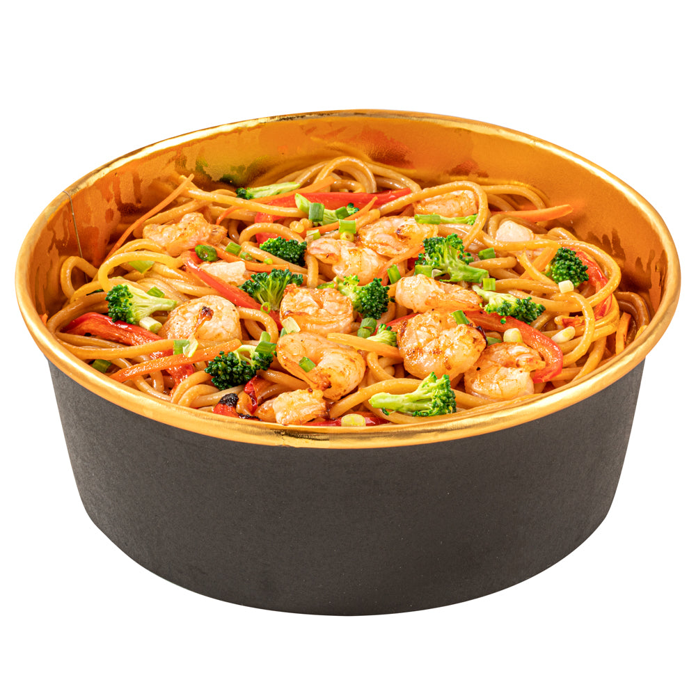 Foil Lux 45 oz Black And Gold Paper Take Out Container - with Foil Interior - 7 1/4" x 7 1/4" x 2 1/2" - 50 count box