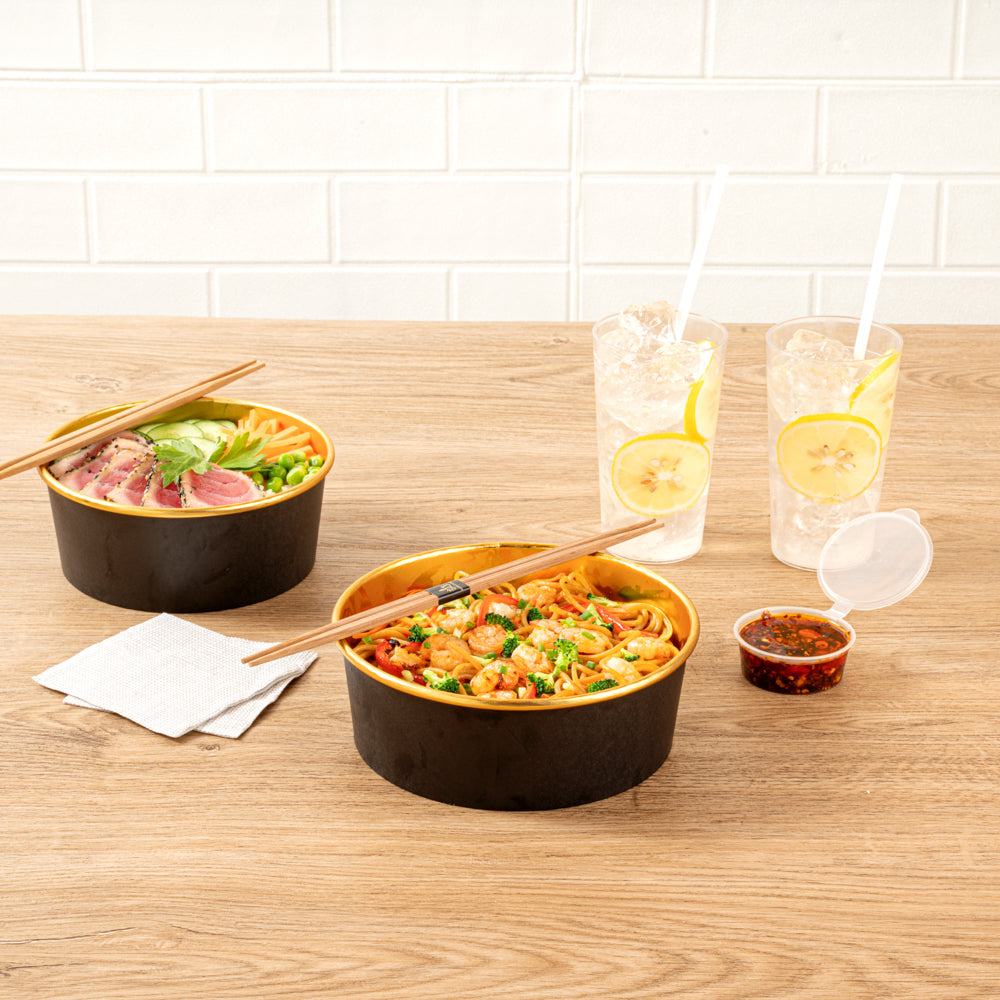 Foil Lux 45 oz Black And Gold Paper Take Out Container - with Foil Interior - 7 1/4" x 7 1/4" x 2 1/2" - 50 count box