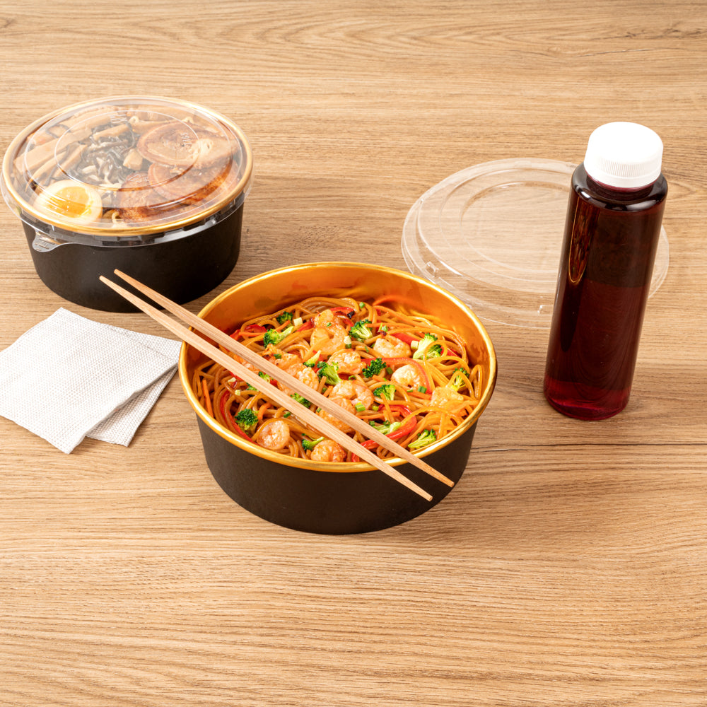 Foil Lux 45 oz Black And Gold Paper Take Out Container - with Foil Interior - 7 1/4" x 7 1/4" x 2 1/2" - 200 count box