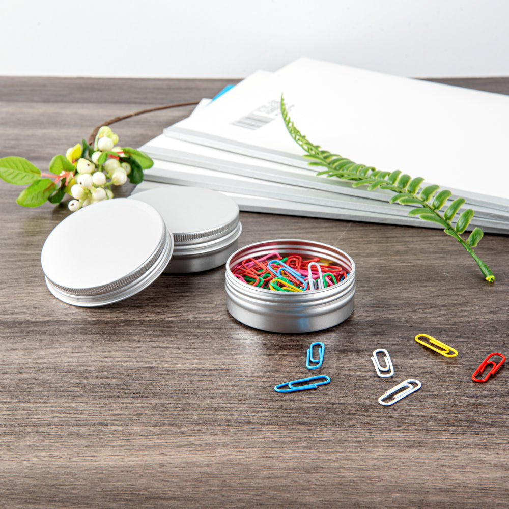 Chef 101 2 oz Round Silver Tin Container - with Screw Lid - 100 count box