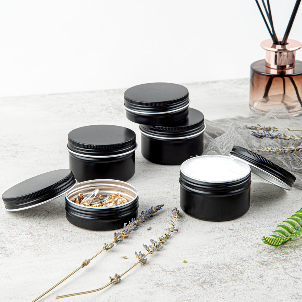 Chef 101 4 oz Round Black Tin Container - with Screw Lid - 100 count box