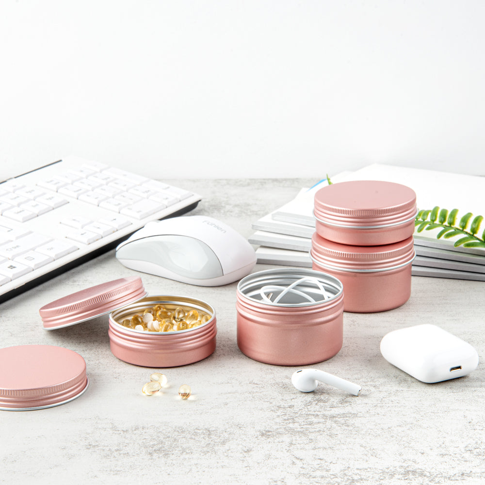 Chef 101 4 oz Round Rose Gold Tin Container - with Screw Lid - 100 count box