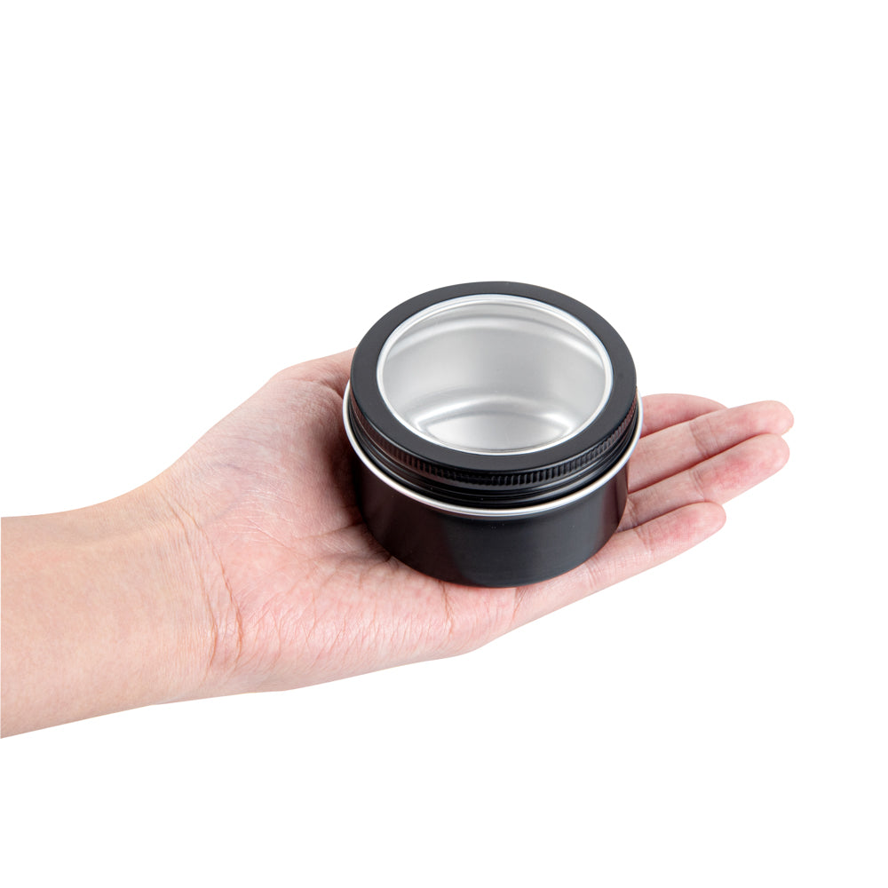 Chef 101 4 oz Round Black Tin Container - with Window Lid - 10 count box