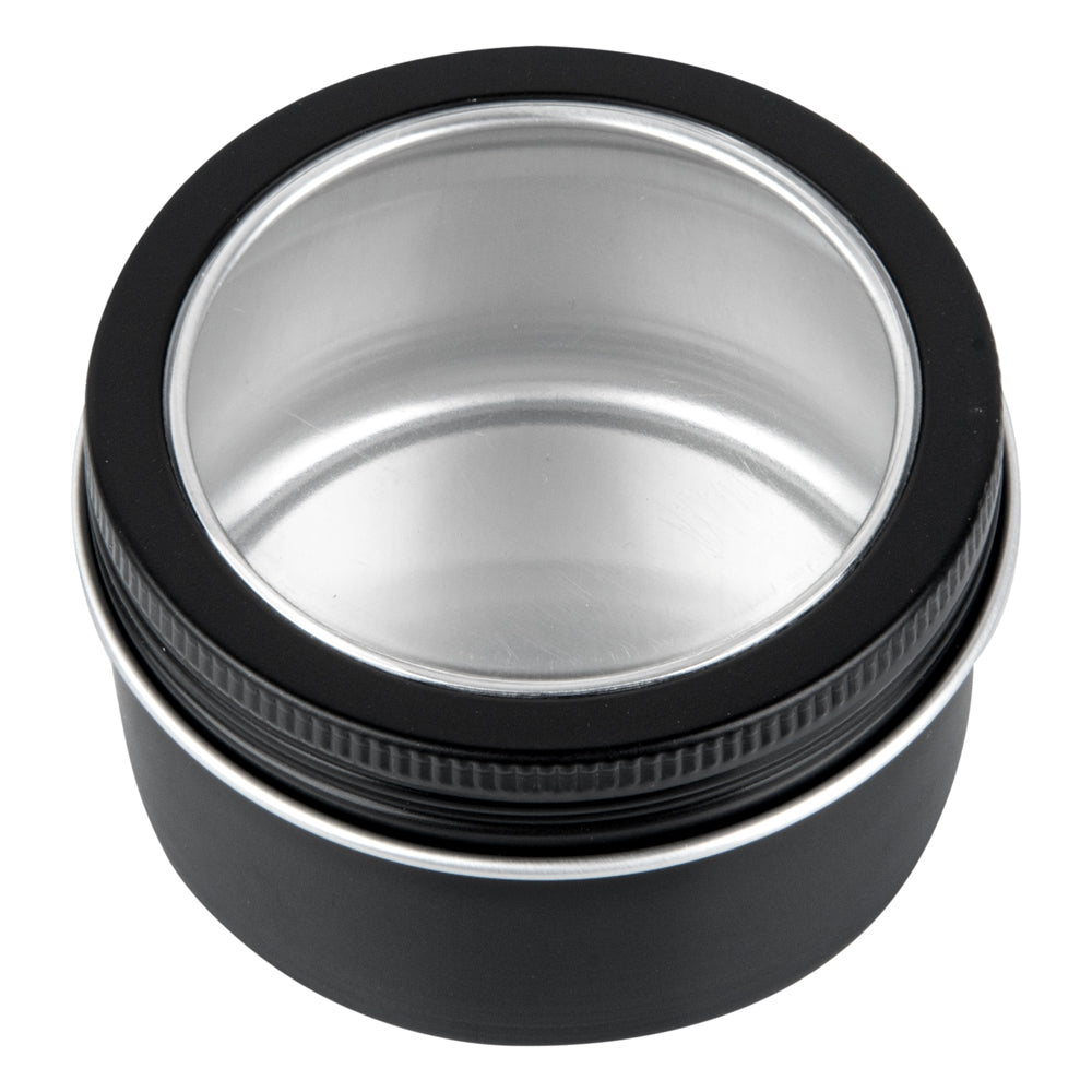 Chef 101 4 oz Round Black Tin Container - with Window Lid - 10 count box