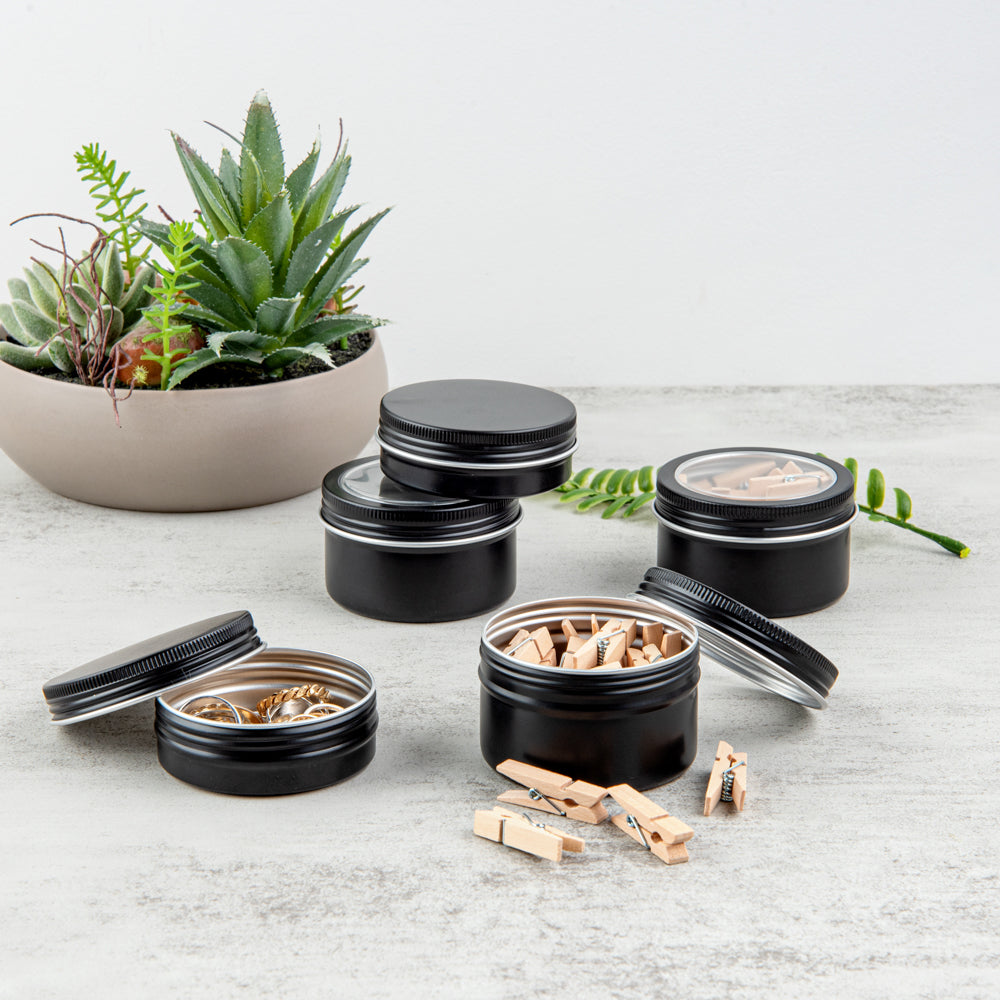 Chef 101 4 oz Round Black Tin Container - with Window Lid - 10 count box