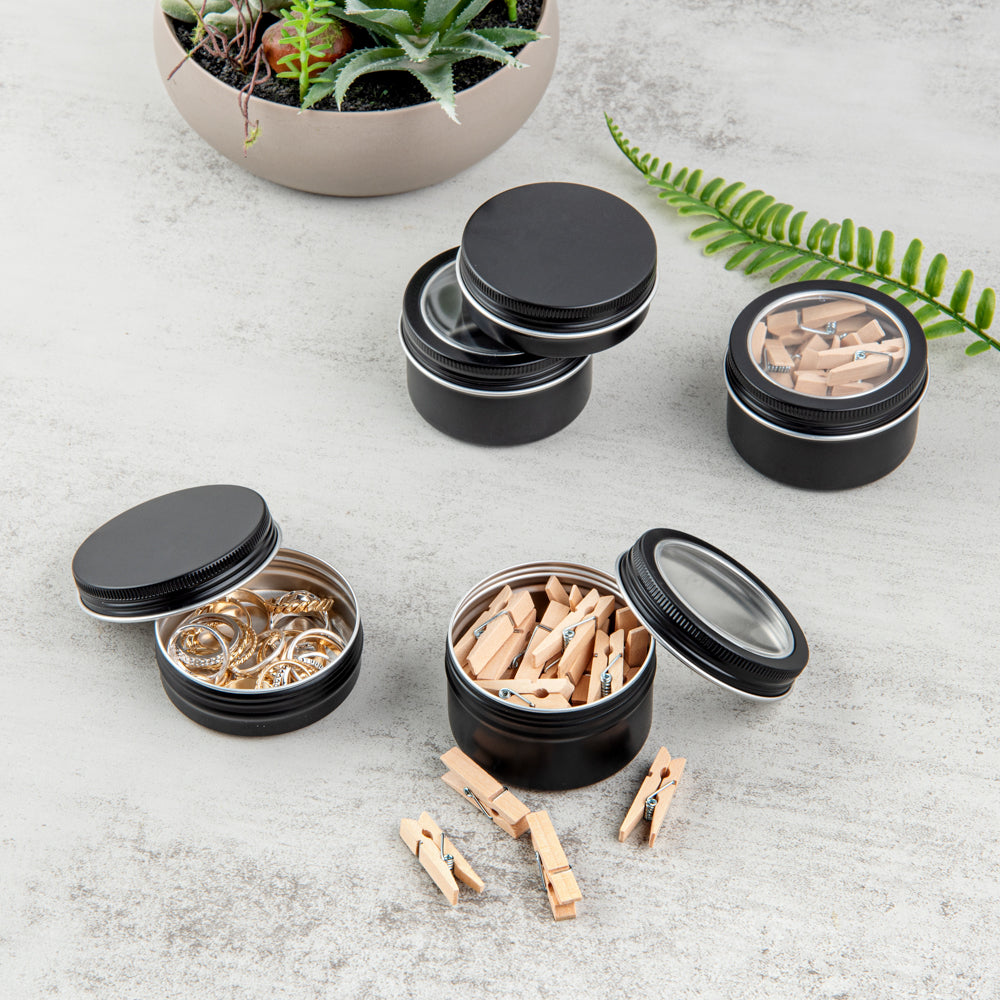 Chef 101 4 oz Round Black Tin Container - with Window Lid - 100 count box