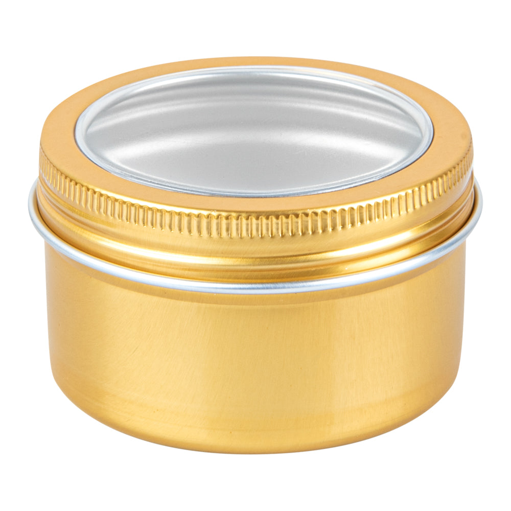 Chef 101 4 oz Round Gold Tin Container - with Window Lid - 10 count box