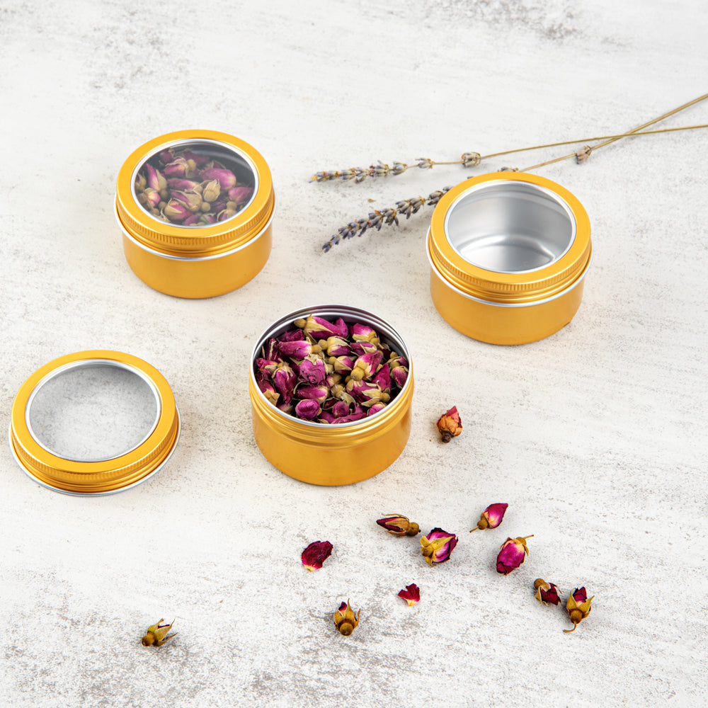 Chef 101 4 oz Round Gold Tin Container - with Window Lid - 10 count box