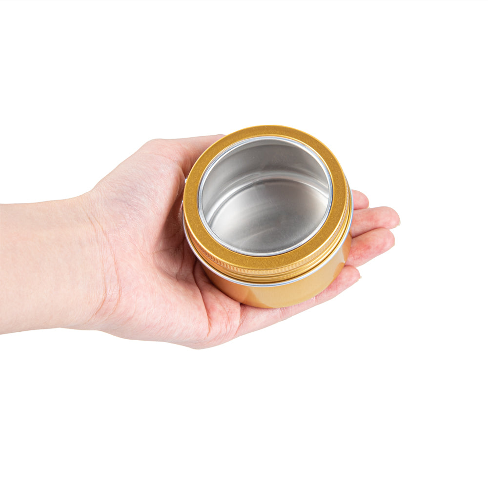 Chef 101 4 oz Round Gold Tin Container - with Window Lid - 10 count box