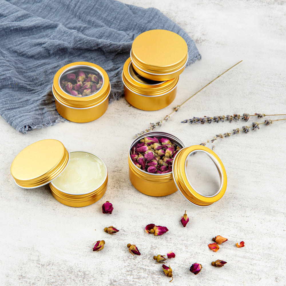 Chef 101 4 oz Round Gold Tin Container - with Window Lid - 10 count box