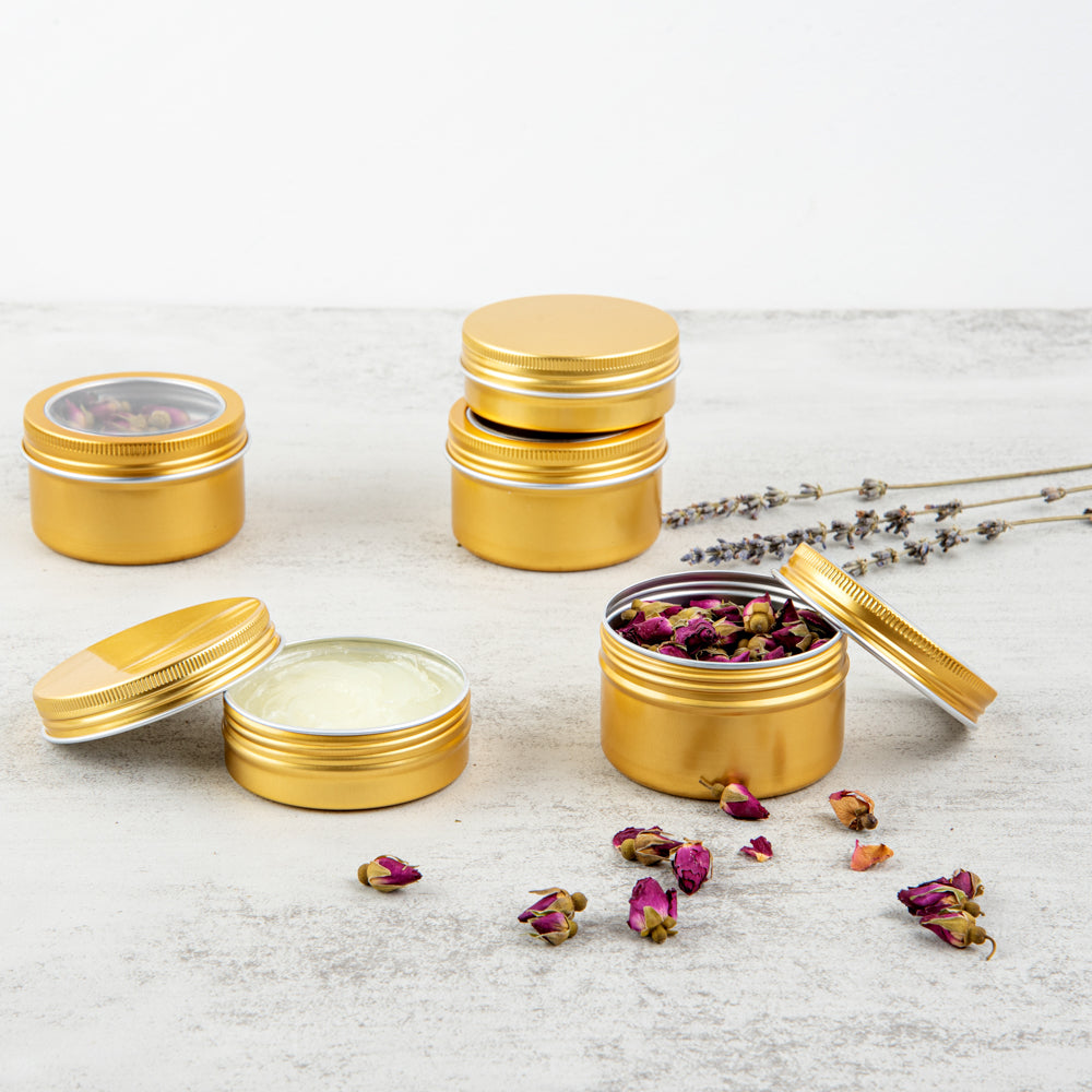 Chef 101 4 oz Round Gold Tin Container - with Window Lid - 10 count box