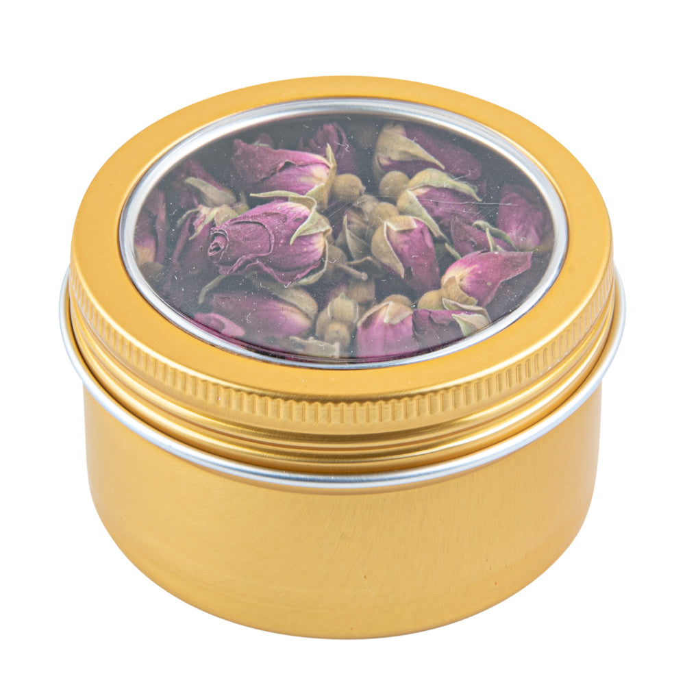 Chef 101 4 oz Round Gold Tin Container - with Window Lid - 100 count box