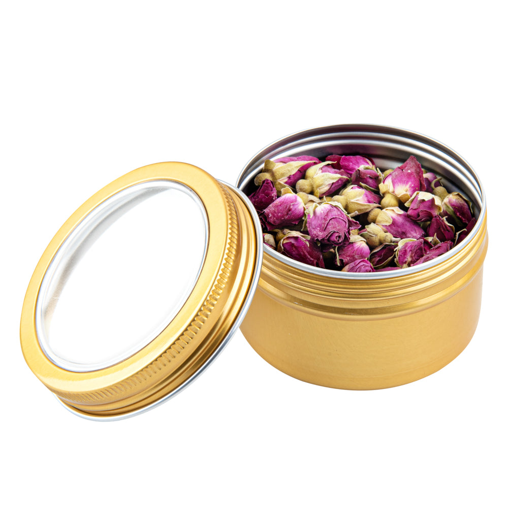 Chef 101 4 oz Round Gold Tin Container - with Window Lid - 100 count box