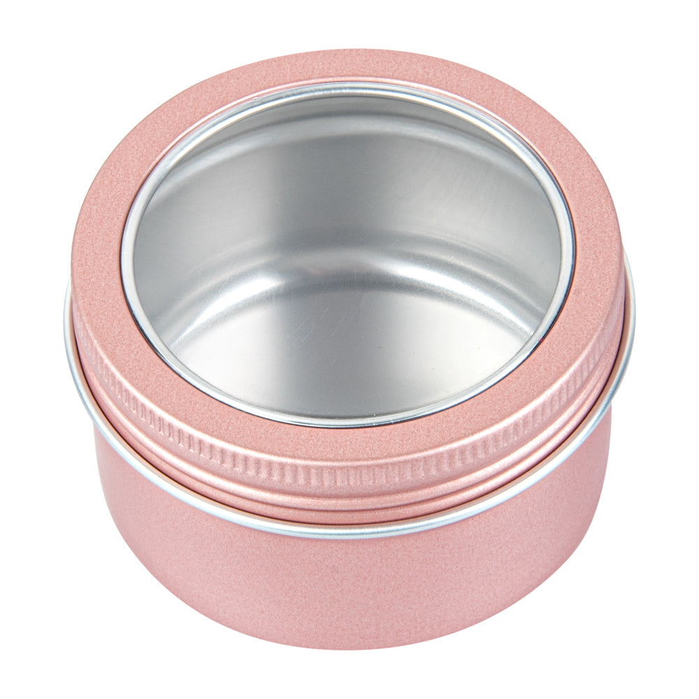 Chef 101 4 oz Round Rose Gold Tin Container - with Window Lid - 100 count box