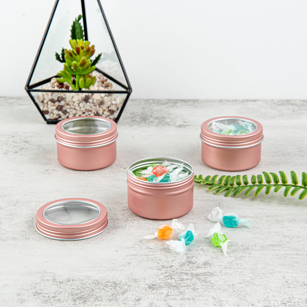 Chef 101 4 oz Round Rose Gold Tin Container - with Window Lid - 100 count box