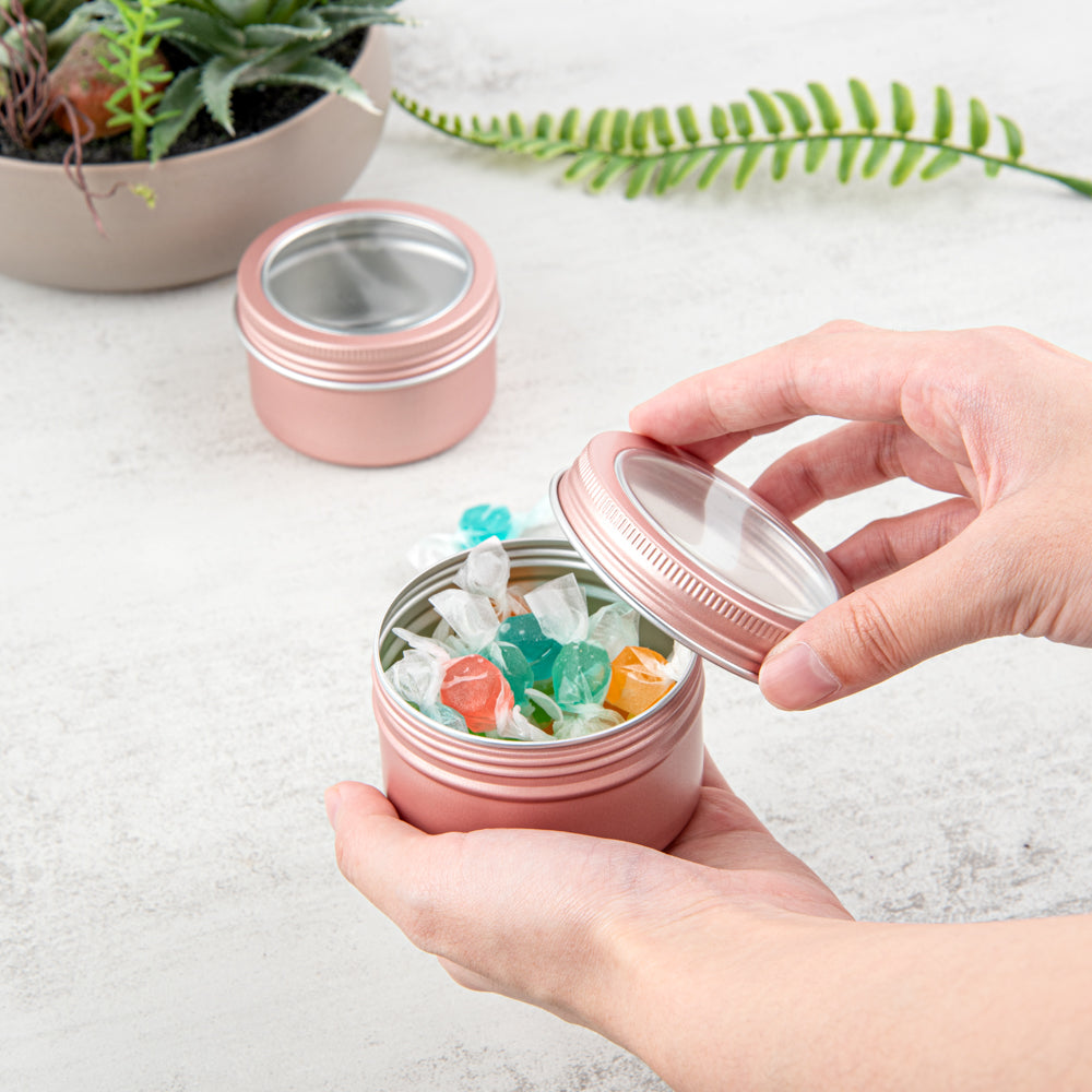 Chef 101 4 oz Round Rose Gold Tin Container - with Window Lid - 100 count box