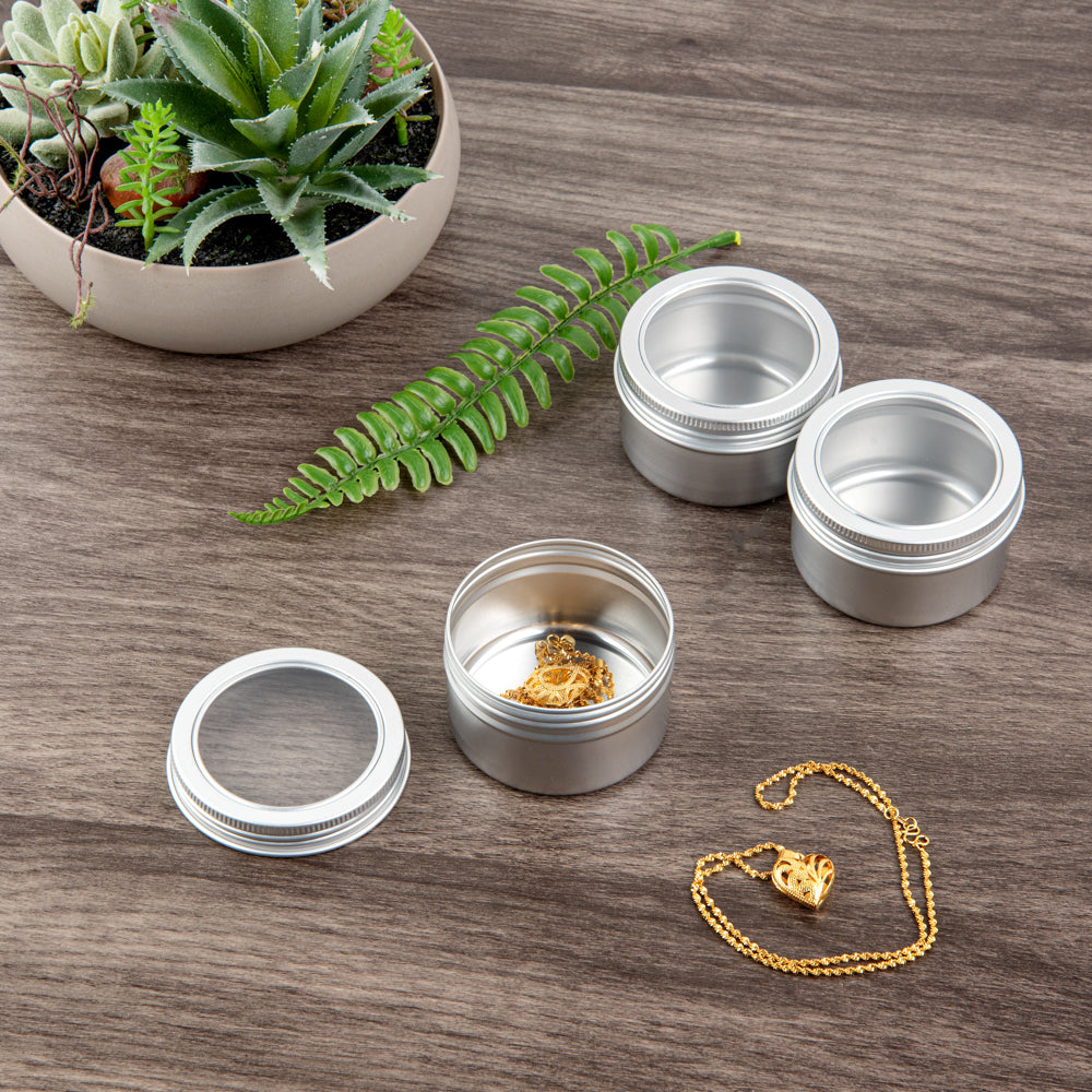 Chef 101 4 oz Round Silver Tin Container - with Window Lid - 100 count box