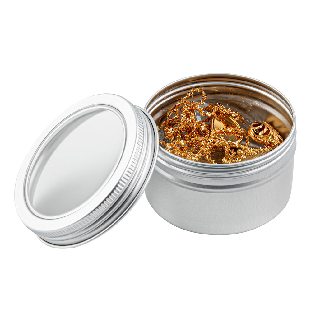 Chef 101 4 oz Round Silver Tin Container - with Window Lid - 100 count box