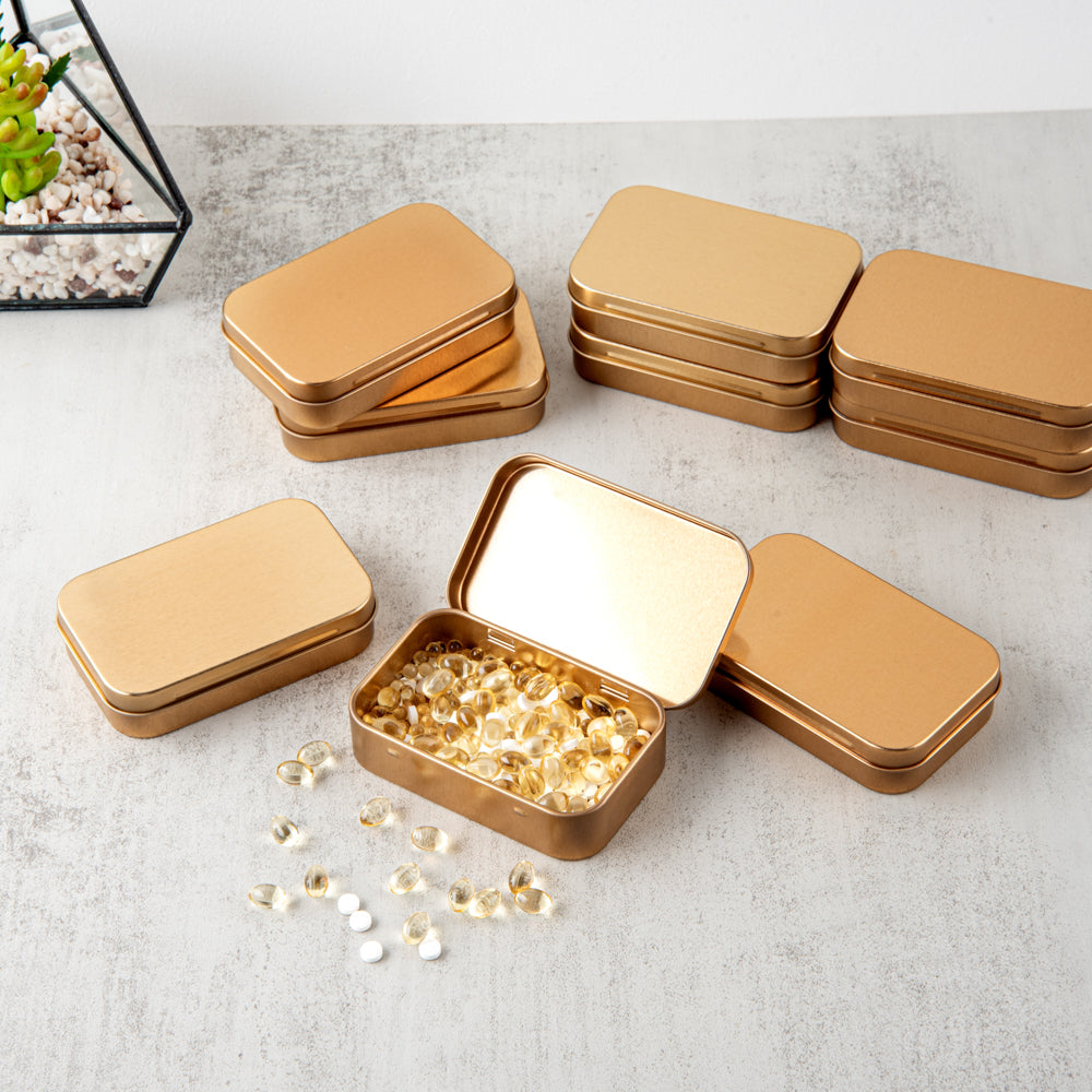 Chef 101 4 oz Rectangle Gold Tin Container - with Hinged Lid - 10 count box
