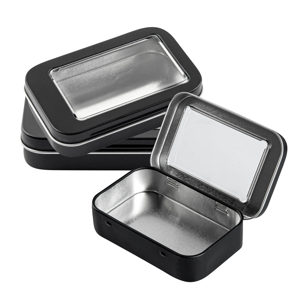 Chef 101 4 oz Rectangle Black Tin Container - with Window Lid - 10 count box