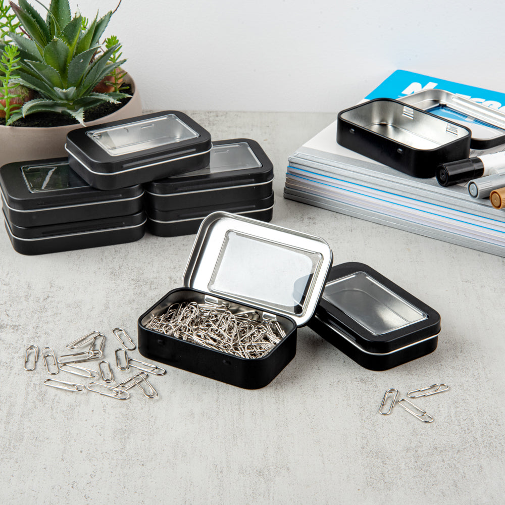 Chef 101 4 oz Rectangle Black Tin Container - with Window Lid - 100 count box