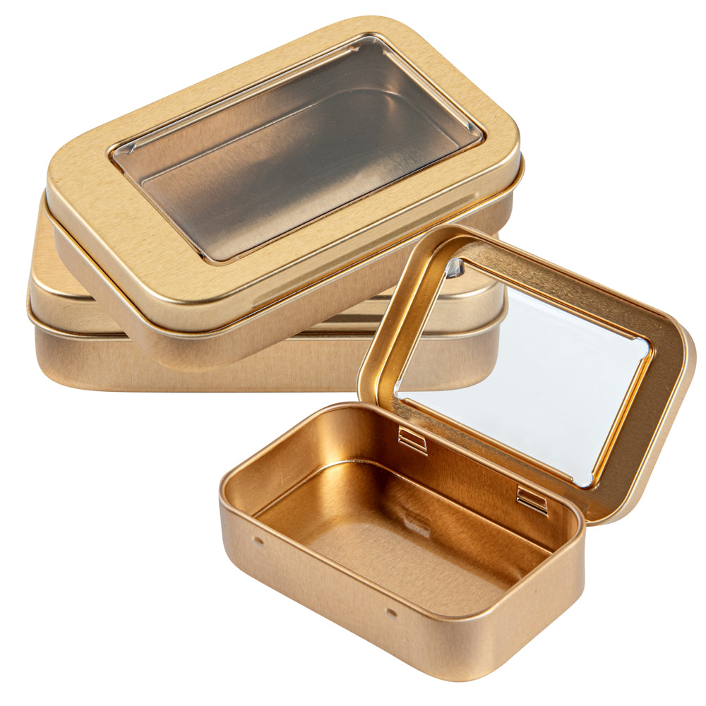Chef 101 4 oz Rectangle Gold Tin Container - with Window Lid - 10 count box
