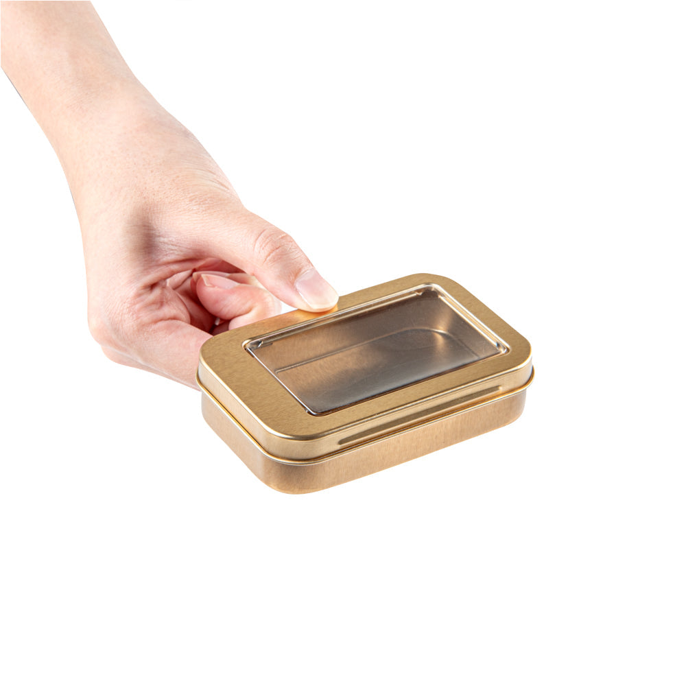 Chef 101 4 oz Rectangle Gold Tin Container - with Window Lid - 10 count box