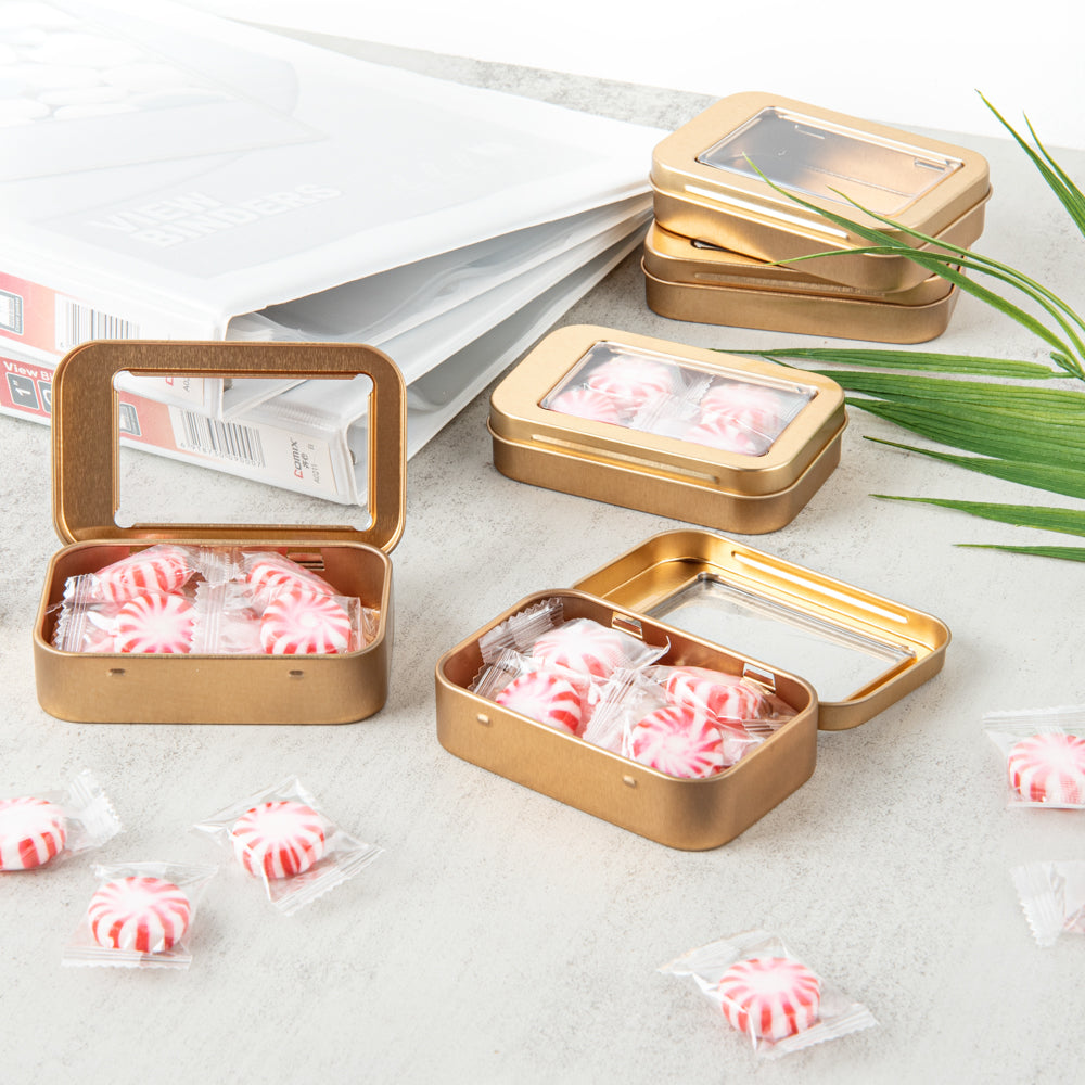 Chef 101 4 oz Rectangle Gold Tin Container - with Window Lid - 10 count box
