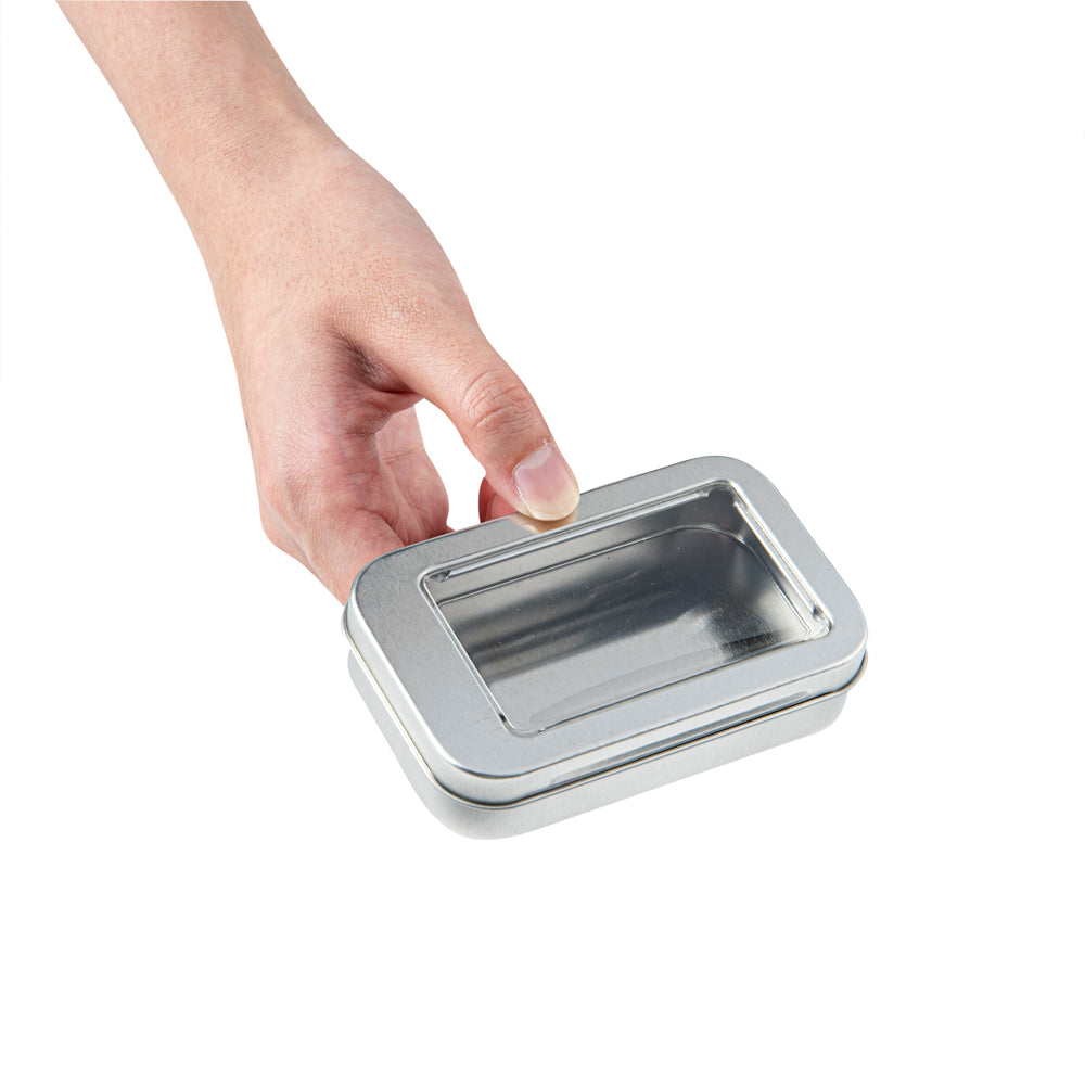 Chef 101 4 oz Rectangle Silver Tin Container - with Window Lid - 10 count box