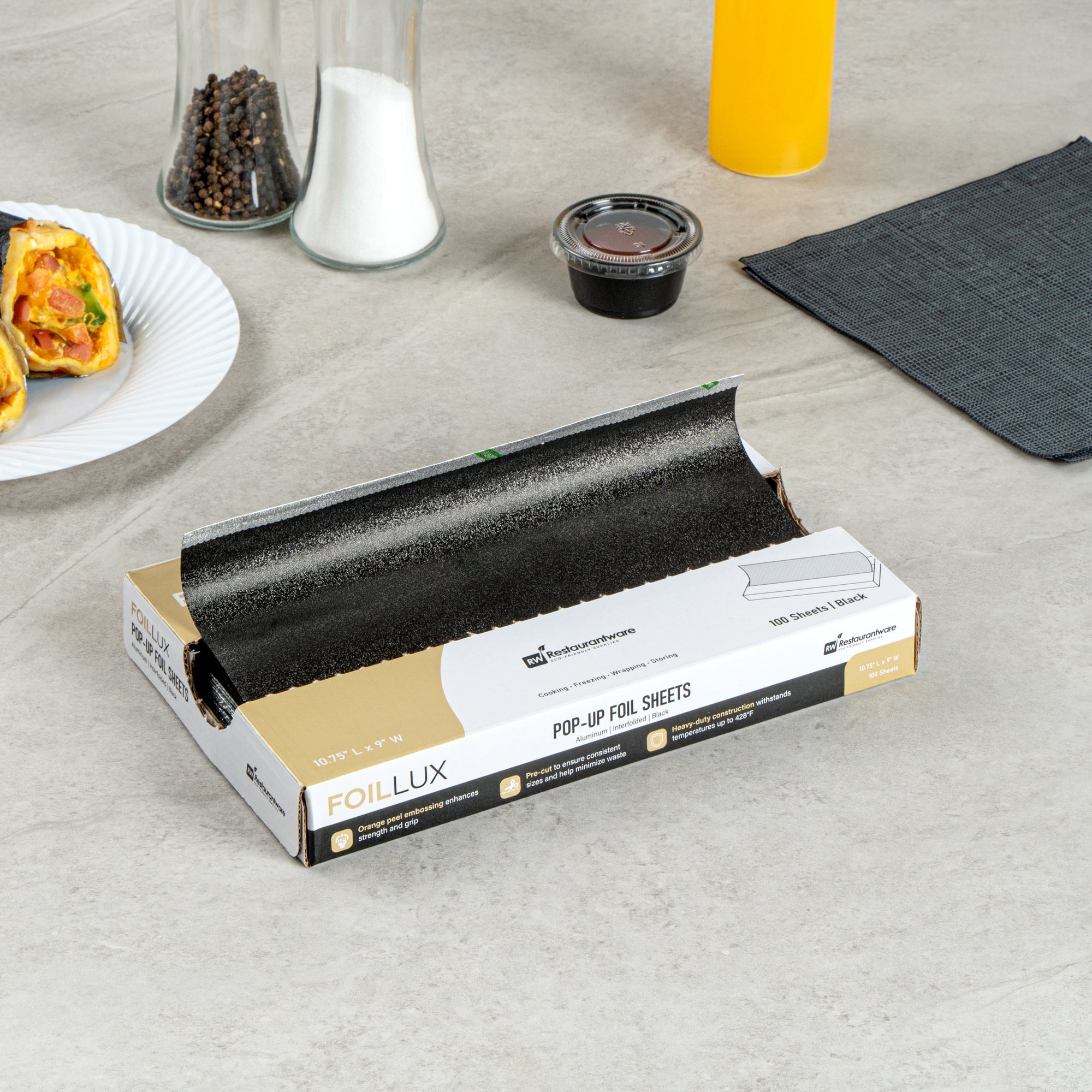 Foil Lux Foodservice Black Aluminum Foil Pop-Up Sheet - Interfolded, Embossed - 10 3/4" x 9" - 100 count box