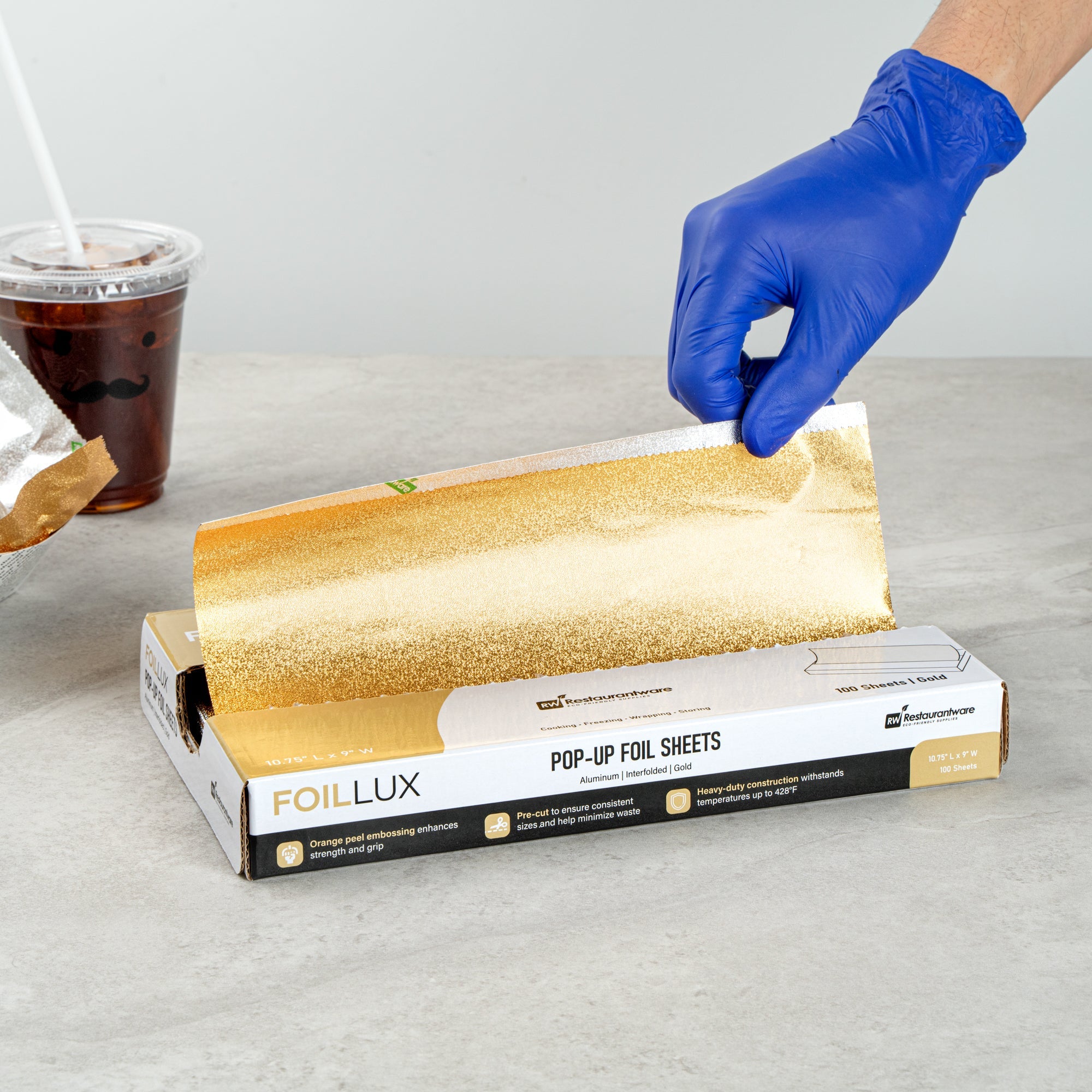 Foil Lux Foodservice Gold Aluminum Foil Pop-Up Sheet - Interfolded, Embossed - 10 3/4" x 9" - 100 count box