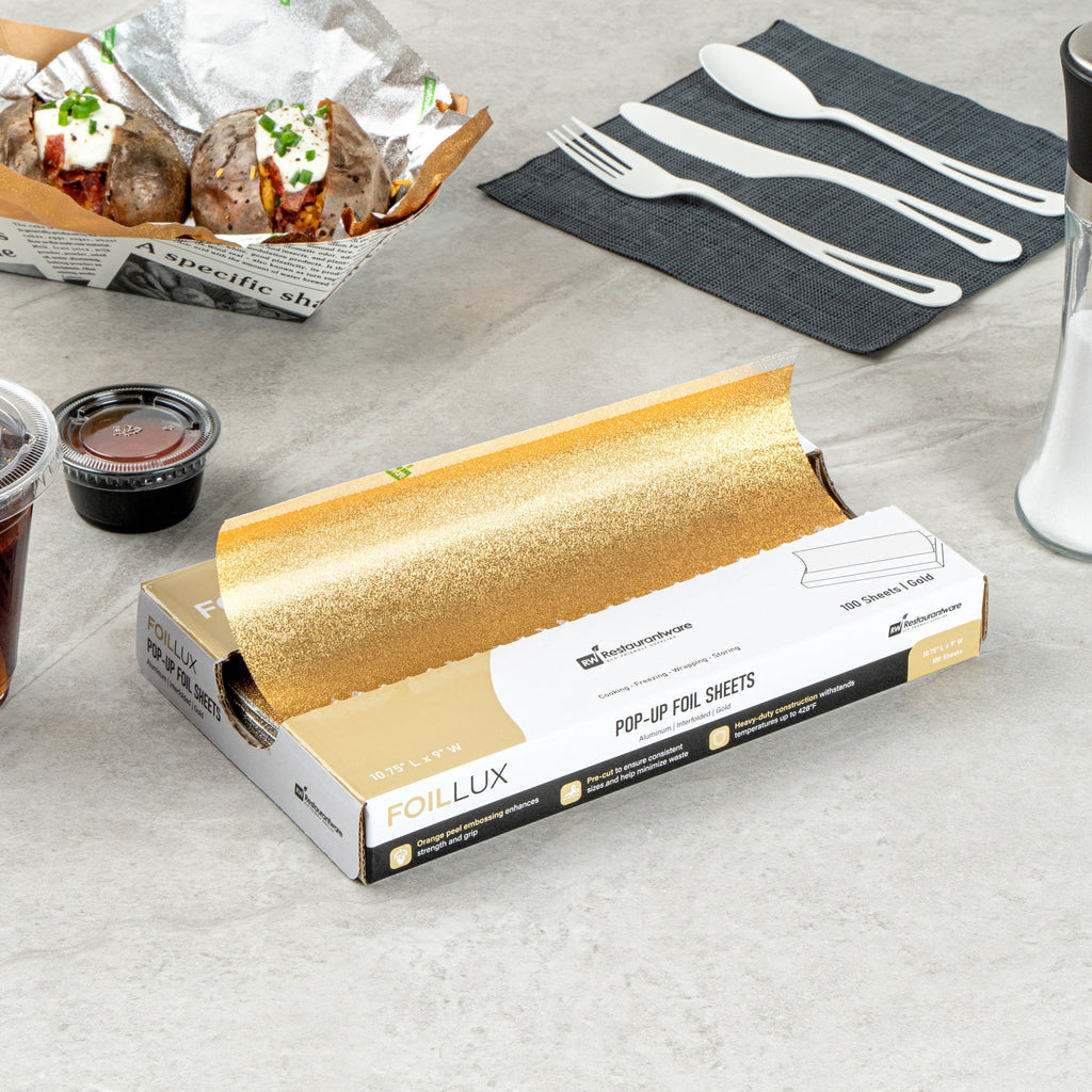 Foil Lux Foodservice Gold Aluminum Foil Pop-Up Sheet - Interfolded, Embossed - 10 3/4" x 9" - 100 count box