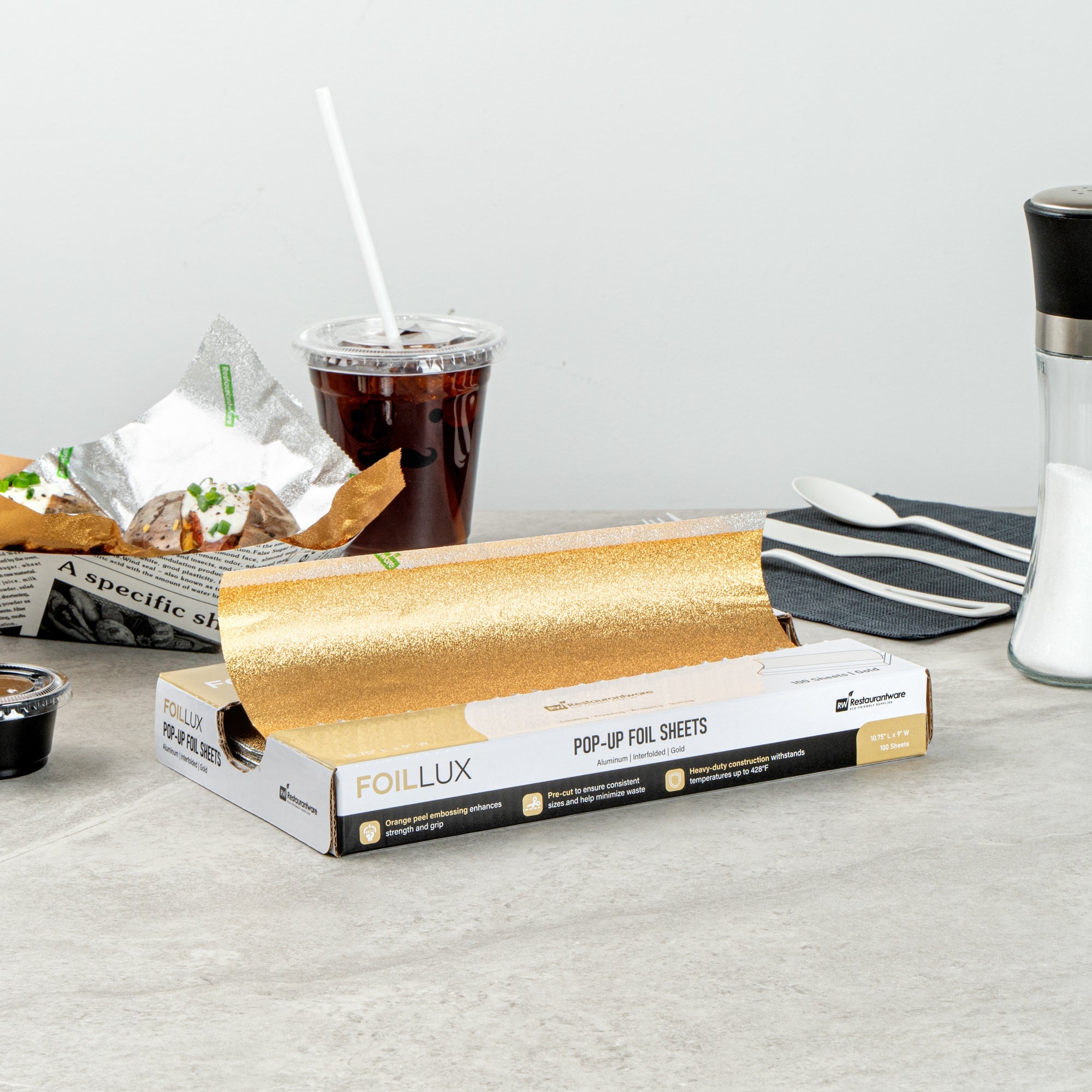Foil Lux Foodservice Gold Aluminum Foil Pop-Up Sheet - Interfolded, Embossed - 10 3/4" x 9" - 100 count box