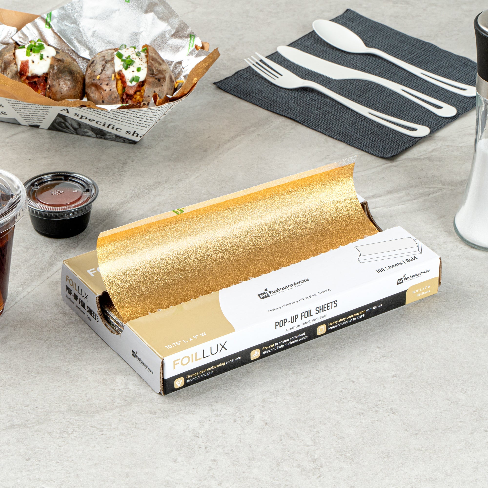 Foil Lux Foodservice Gold Aluminum Foil Pop-Up Sheet - Interfolded, Embossed - 10 3/4" x 9" - 2000 count box