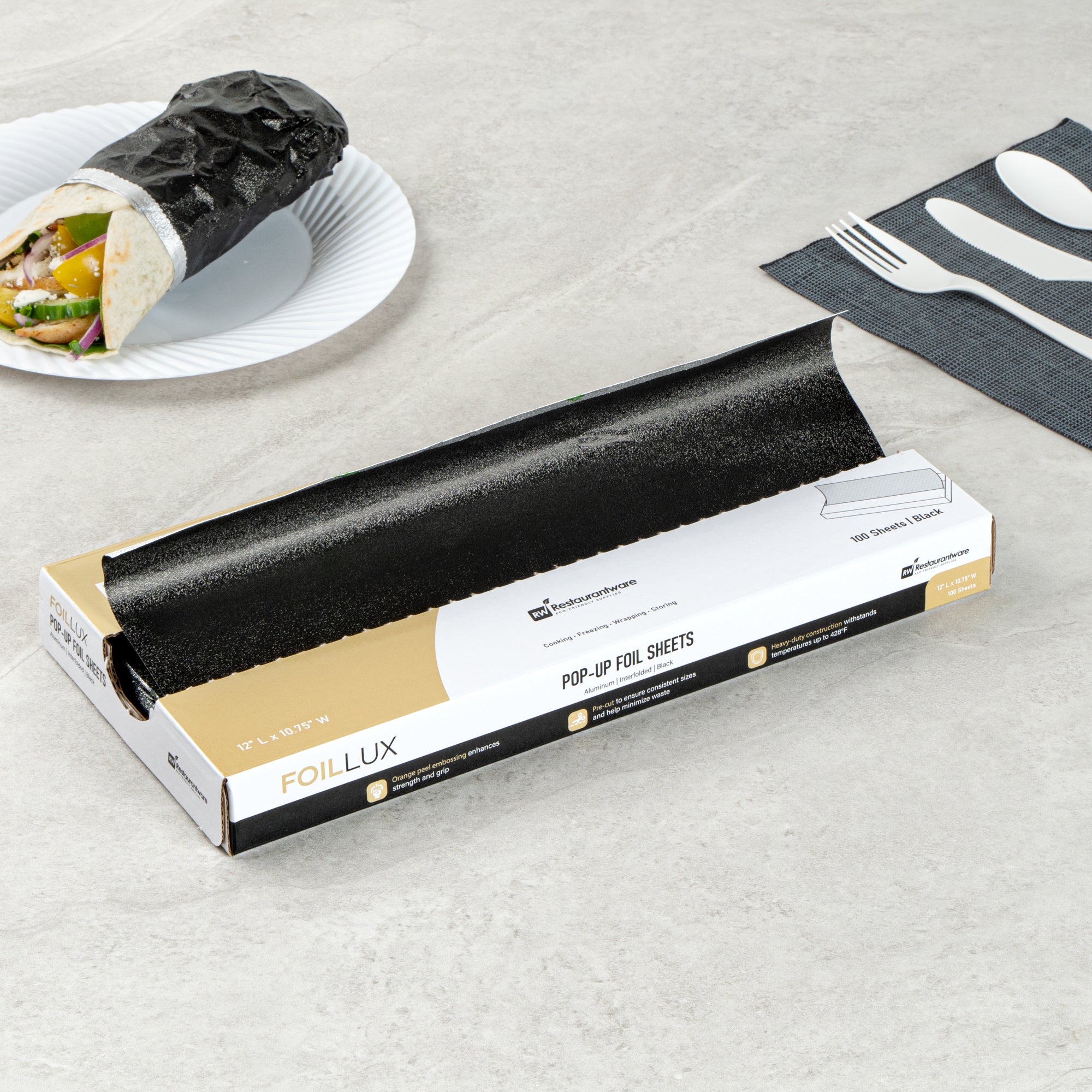 Foil Lux Foodservice Black Aluminum Foil Pop-Up Sheet - Interfolded, Embossed - 12" x 10 3/4" - 100 count box